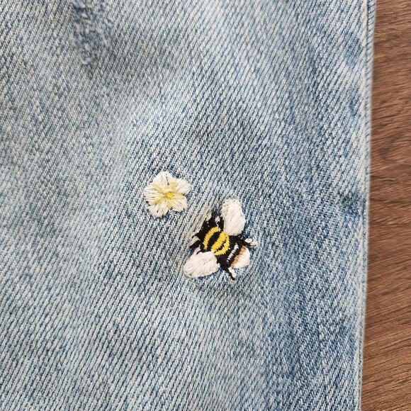 Free People We The Free Embroidered Distressed Jeans 26‎ Blue Straight Leg Retro - Picture 4 of 10